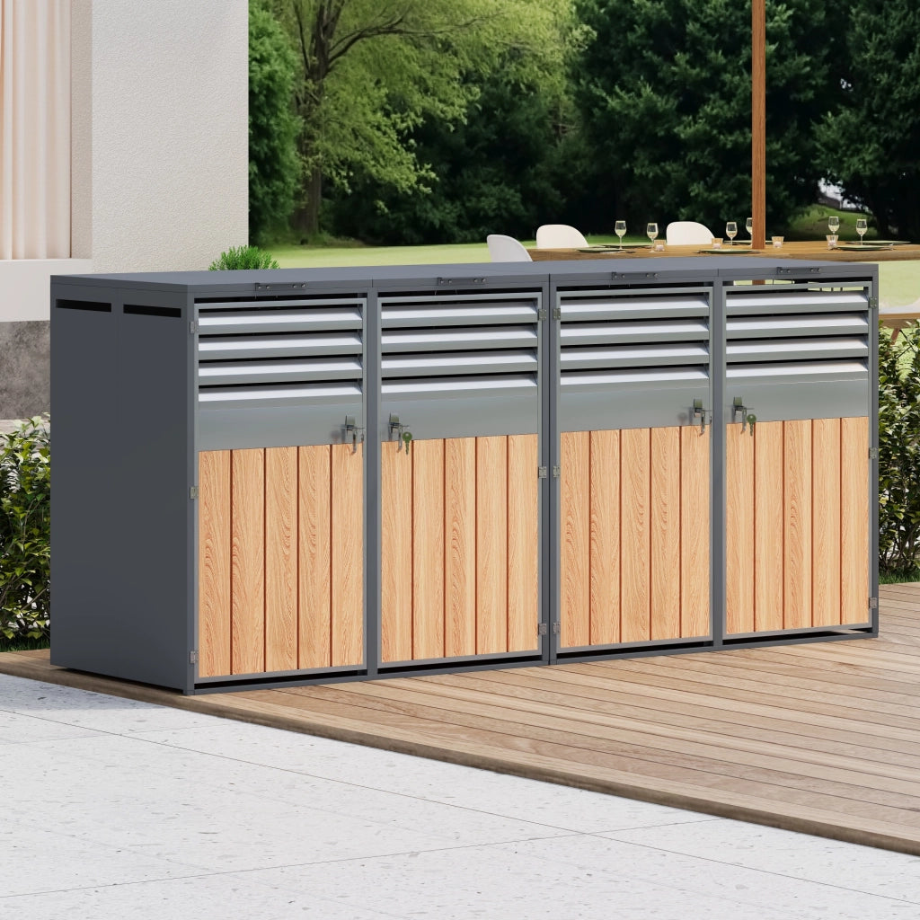 Box per bidoni della spazzatura con coperchio a ribalta, 4 porte, chiusura a chiave e prese d'aria lamellari