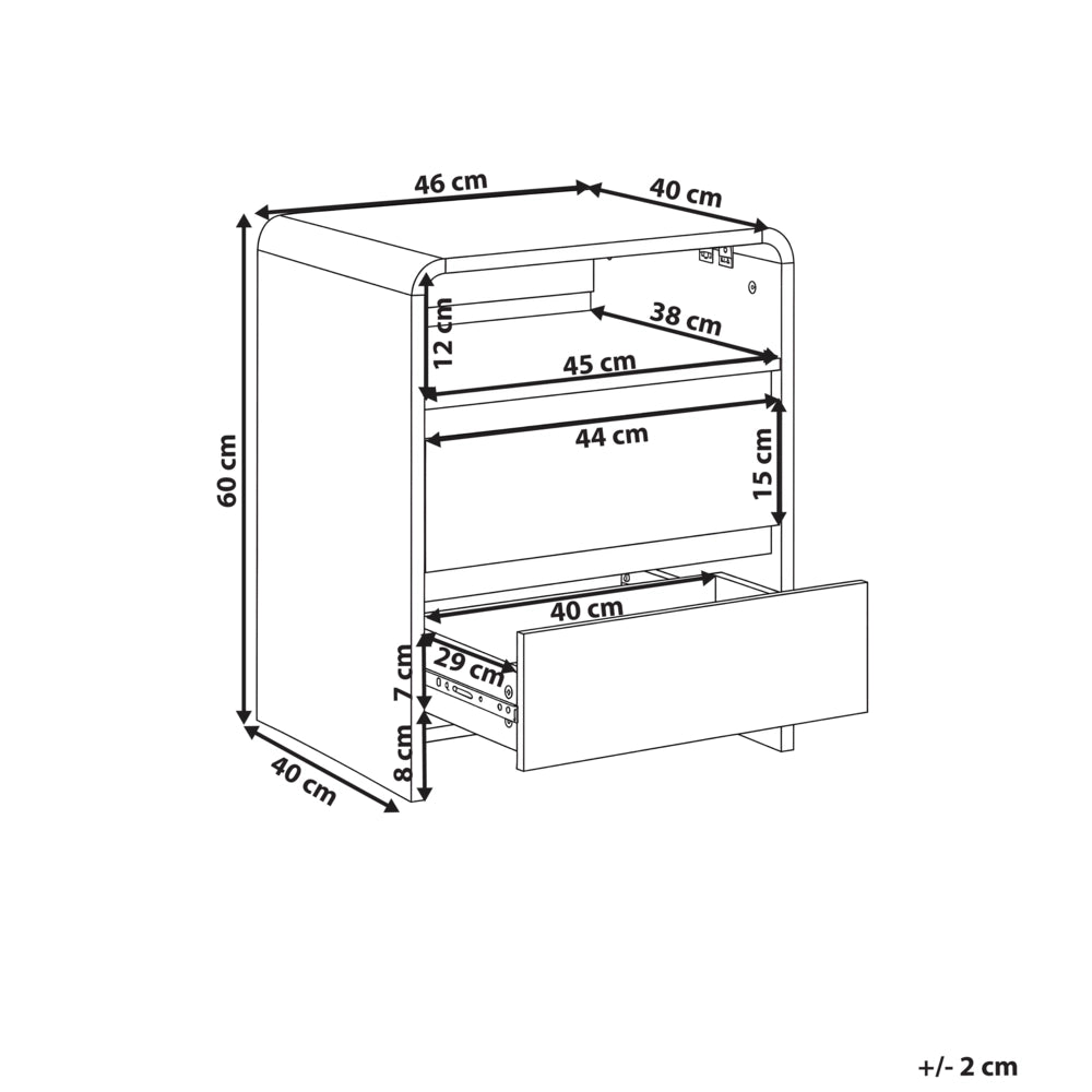 Comodino in legno composito, verde chiaro, moderno, con 2 cassetti