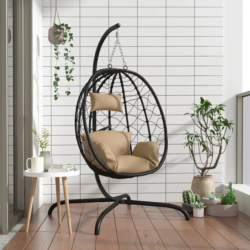Poltrona sospesa a uovo con cuscino in polyrattan color tortora 360047