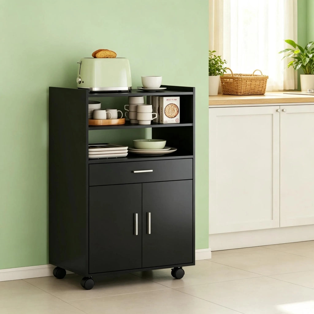 Carrello da cucina a microonde su ruote, mobile con armadio, cassetti e ripiani