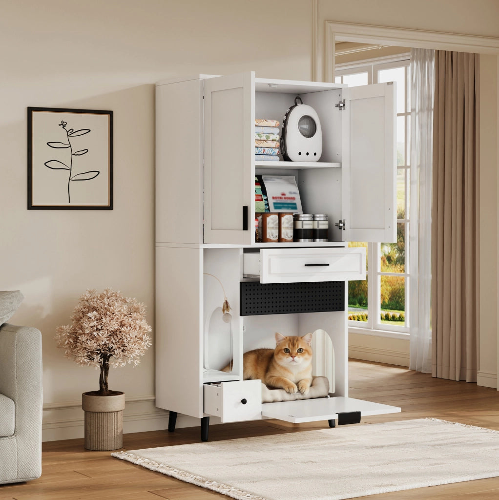 Armadio per gatti 80x40x161 cm in legno composito bianco con angolo riposo