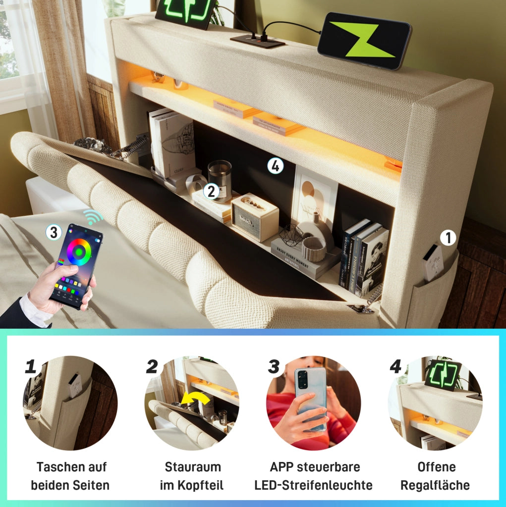 LETTO contenitore 90x200 cm in lino beige con LED e ricarica USB/Type-C