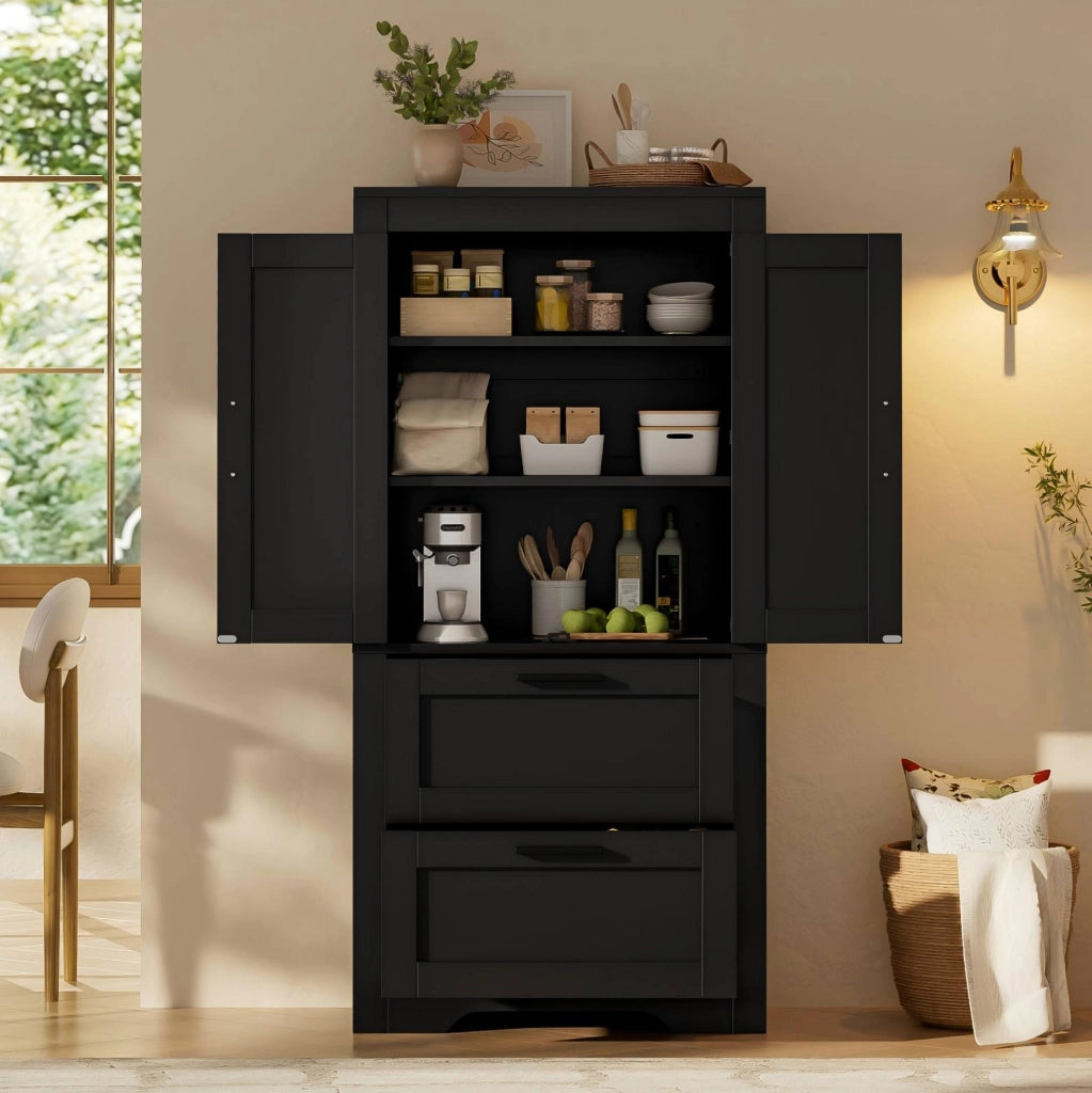 Credenza alta stile rustico con 2 cassetti e ripiani regolabili; MDF; nera