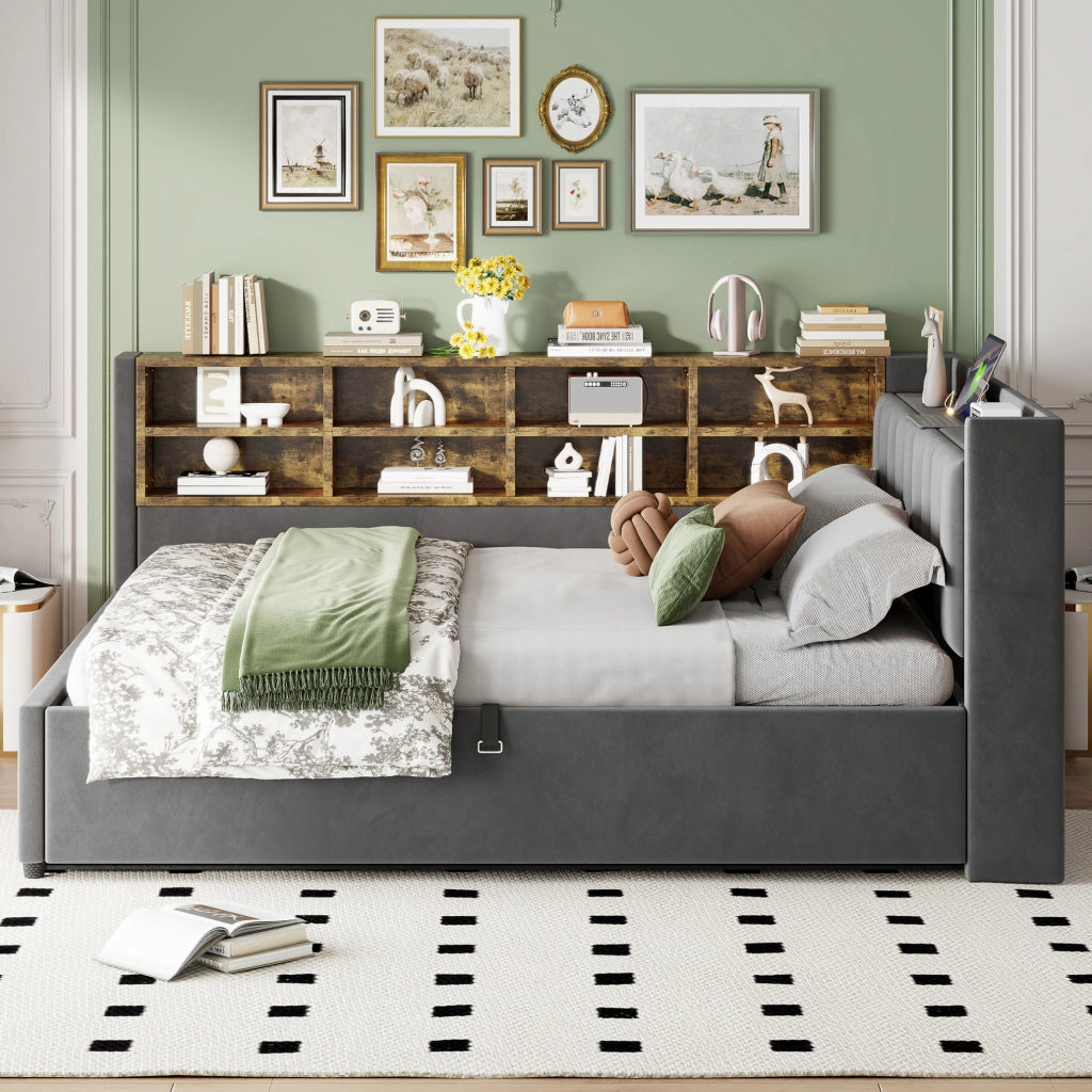 Letto imbottito 140x200 cm con contenitore, USB e luce notturna