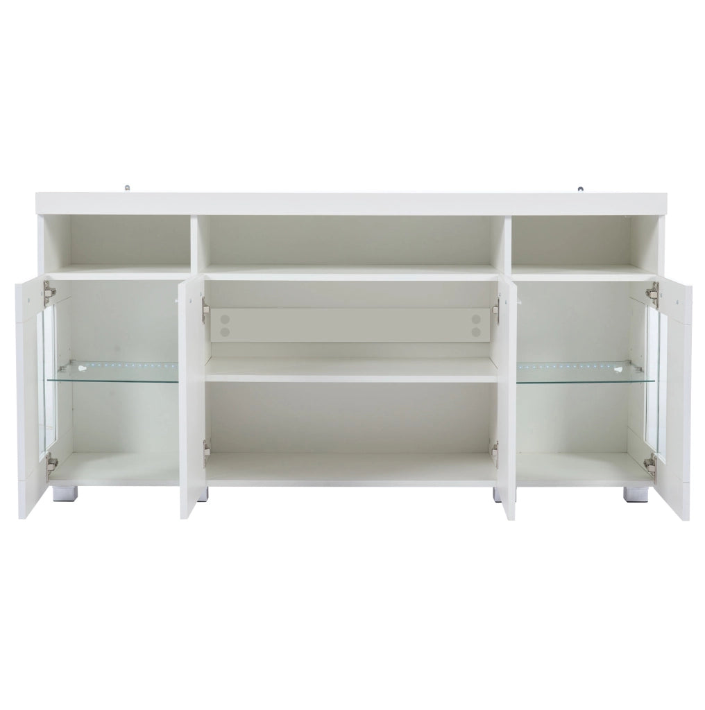 Credenza 140x40x70 cm con LED e 3 cassetti in MDF e vetro temperato bianco