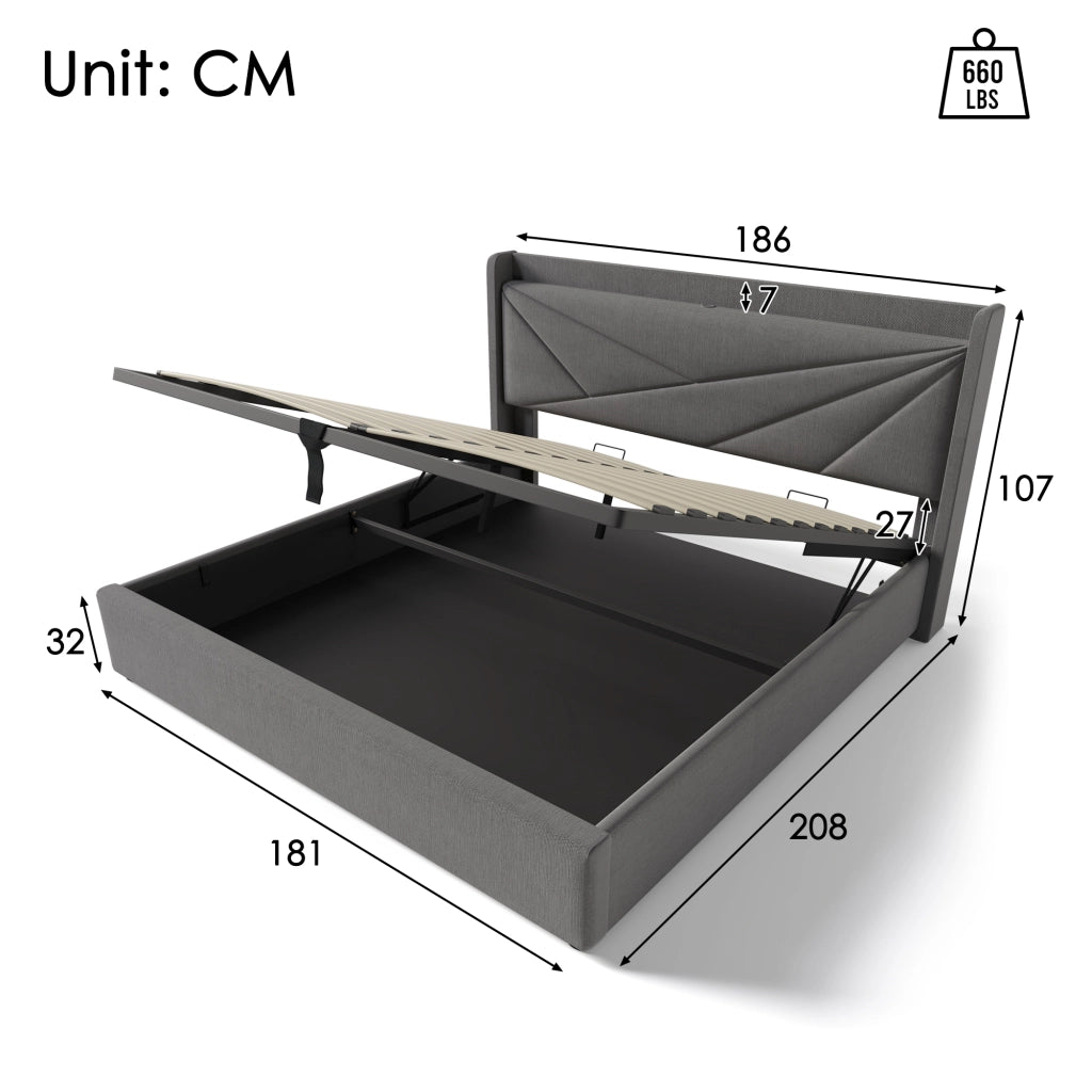 Letto matrimoniale contenitore 180x200 grigio con porte USB e USB-C