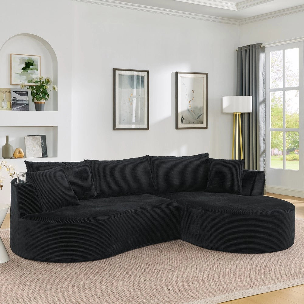 Divano Angolare 3 Posti con Chaise Longue, Velluto a Coste, Cuscini e Portabicchieri ¨C Xylo ¨C Nero