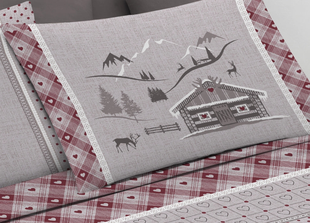 Completo Lenzuola Letto Pensieri Delicati 100% Cotone Dis.Chalet - Piazza E Mezza - Rosso