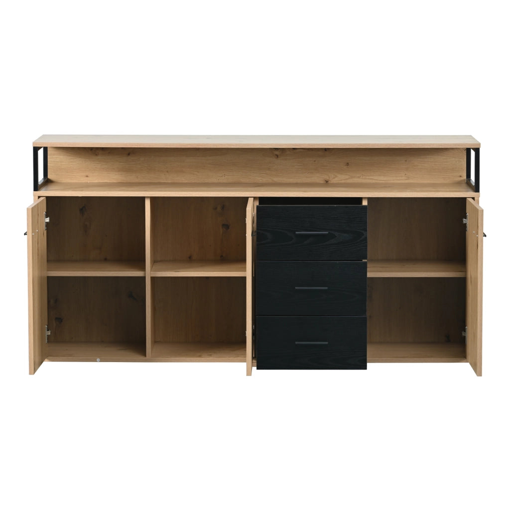 Sideboard moderno 150x35x75;9 cm con 3 porte e 3 cassetti; nero e colore legno