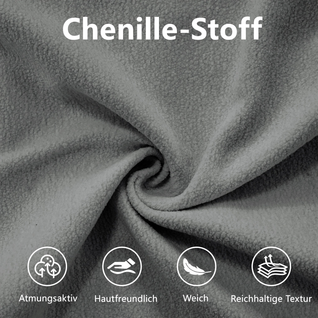 Divano modulare in chenille grigio con pouf mobili; seduta profonda e cuscini di supporto
