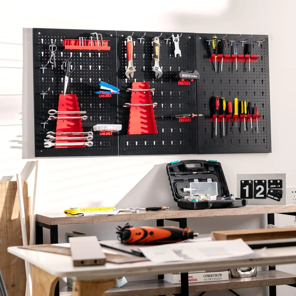 Pannello Forato Portautensili Parete per Attrezzi, Kit per Conservazione degli Attrezzi con 3 Pannelli Forati 25 Accessori, Ideale per Officina e Garage,120 x 60 x 2,5 cm