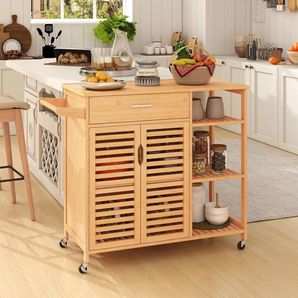 Carrello da Cucina, Mobile da Cucina in Bambù con Ruote Cassetto Ripiani Barra per Asciugamani e Armadio con 2 Porte, Organizzatore per Sala da Pranzo Soggiorno, 104x40x89 cm