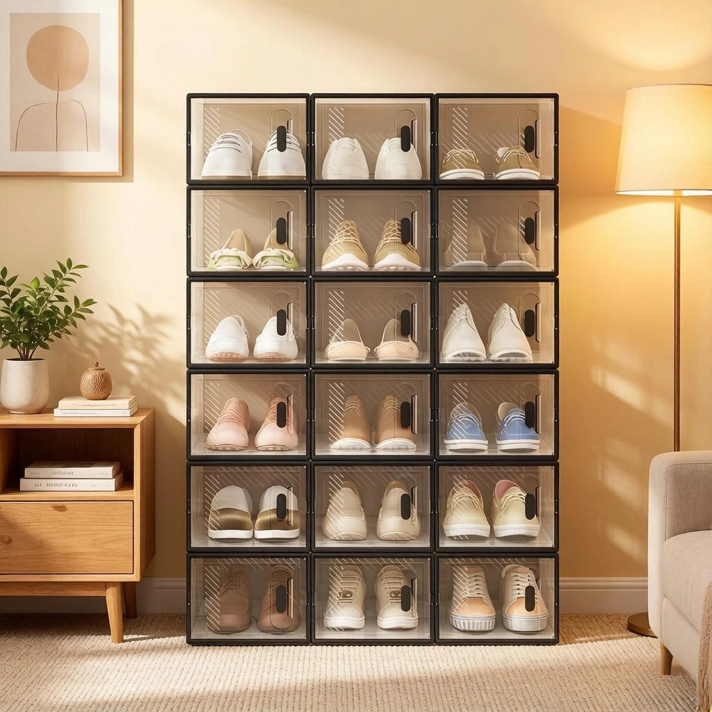 SCATOLA Scarpe Impilabile 25x18,5x35,5 cm Plastica Nera/Trasparente Set da 18 pezzi