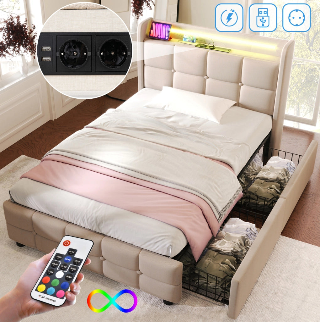 Letto singolo imbottito 90x200 cm con USB; prese; LED e 2 cassetti; beige