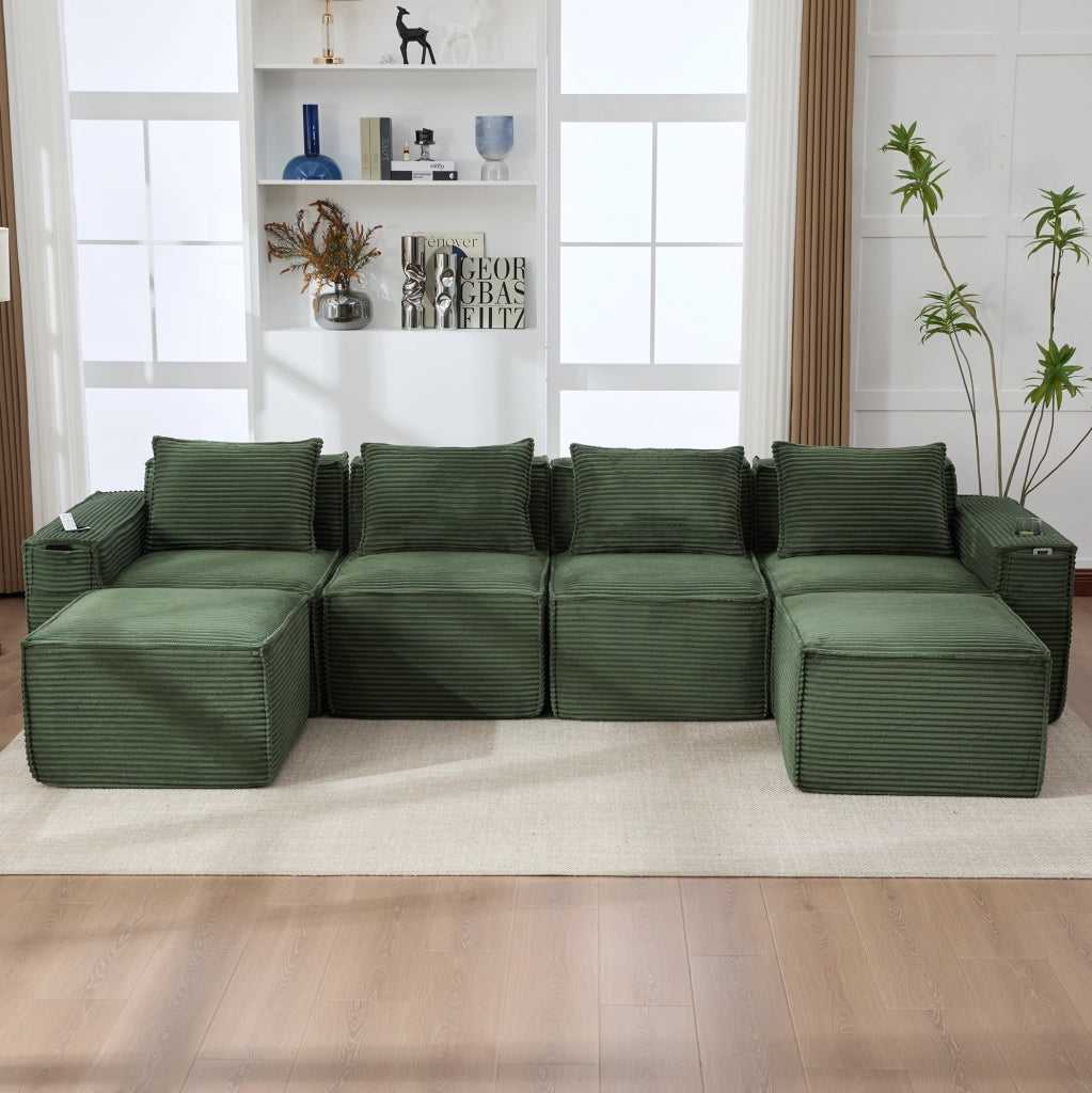 DIVANO modulare 4 posti in corduroy verde con 2 pouf