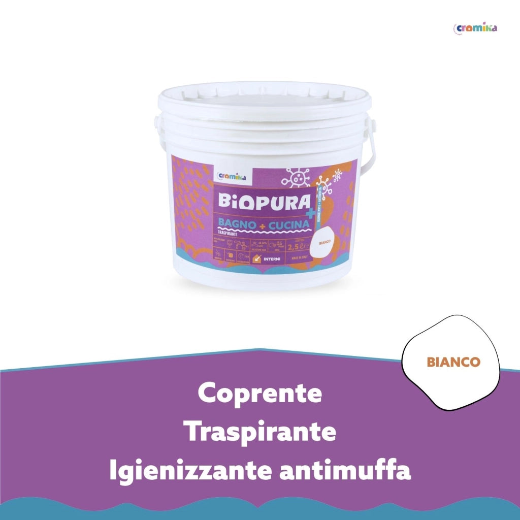 Idropittura traspirante antimuffa interni bagno cucina linea biopura cromika *** formato 2.5 lt, confezione 1