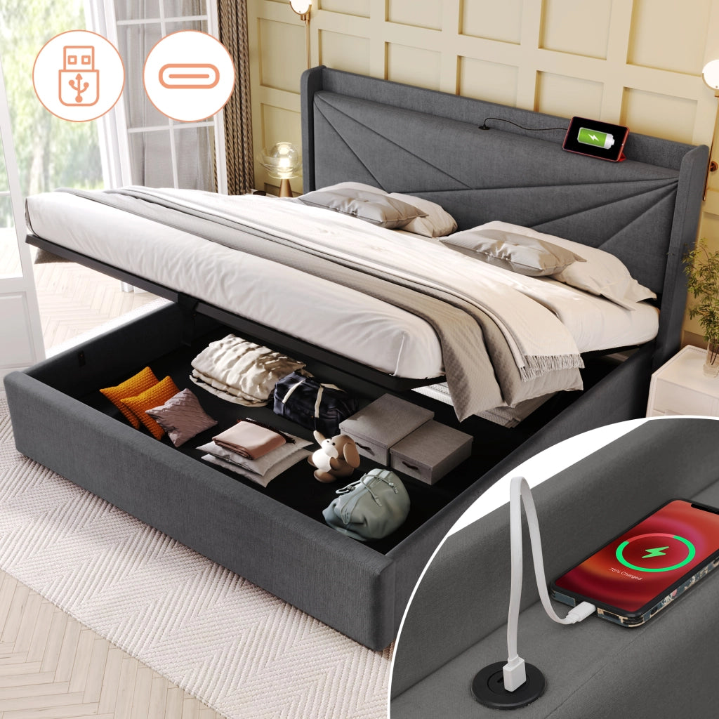Letto matrimoniale contenitore 180x200 grigio con porte USB e USB-C