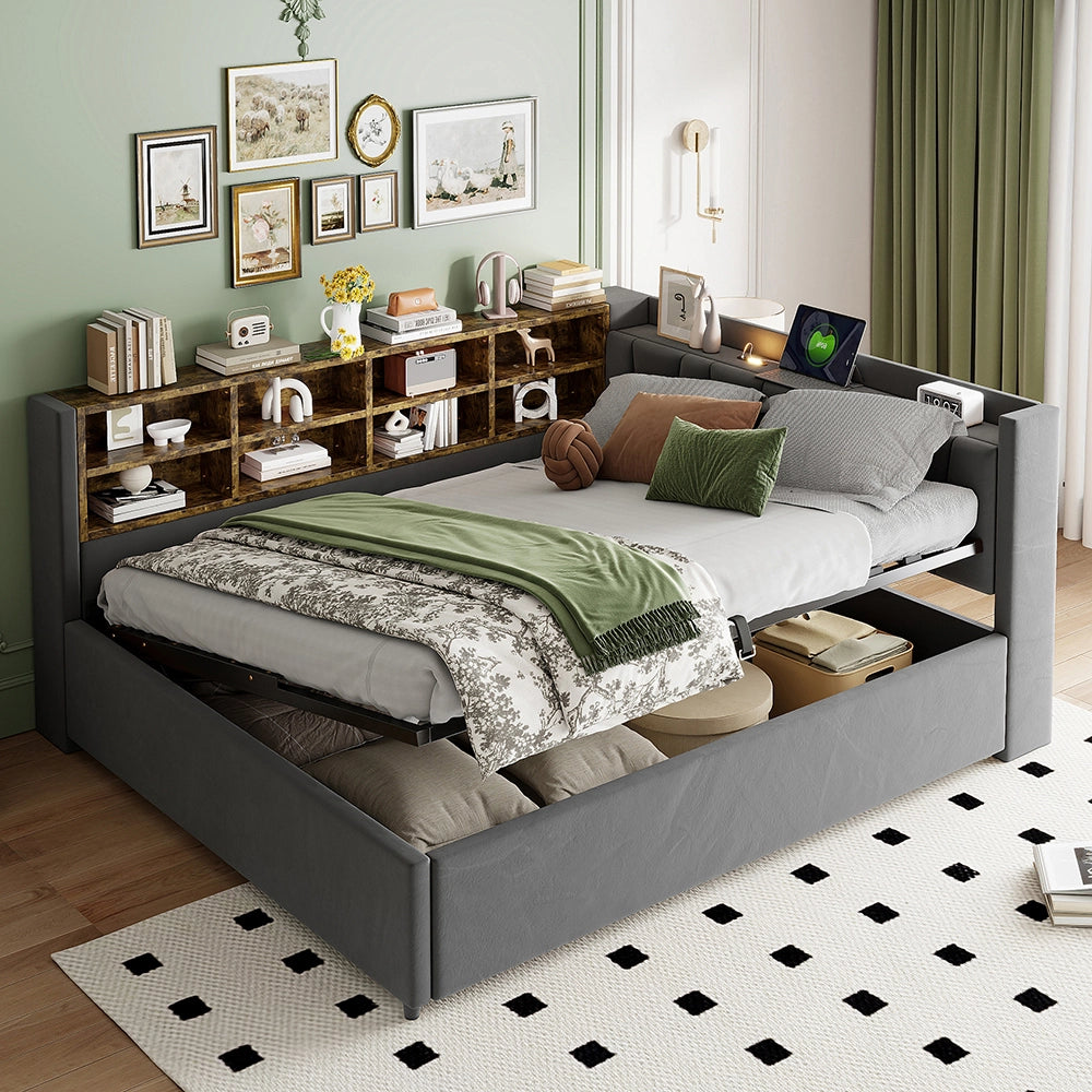 Divano letto-Xylo-140x200 cm-LED, USB-C, velluto grigio scuro