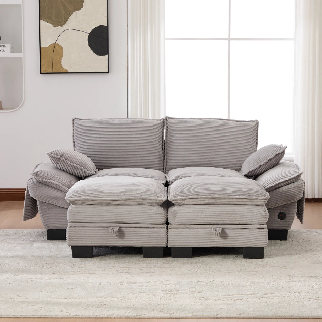 Divano 2 Posti con Poggiapiedi in Tessuto ¨C MINIMAL ¨C Grigio Chiaro