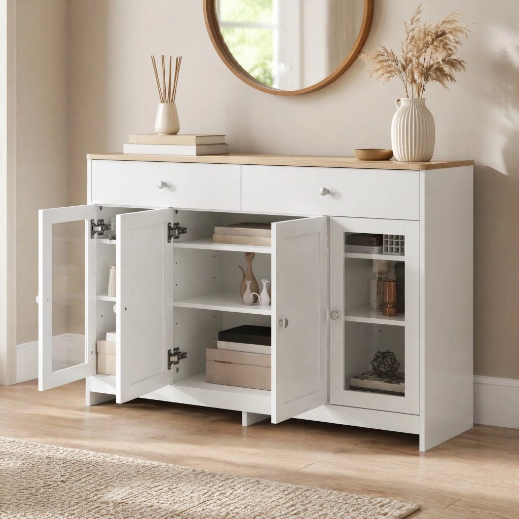 Sideboard rustico 120 cm con 2 cassetti; 4 ante e ripiani regolabili; bianco e legno