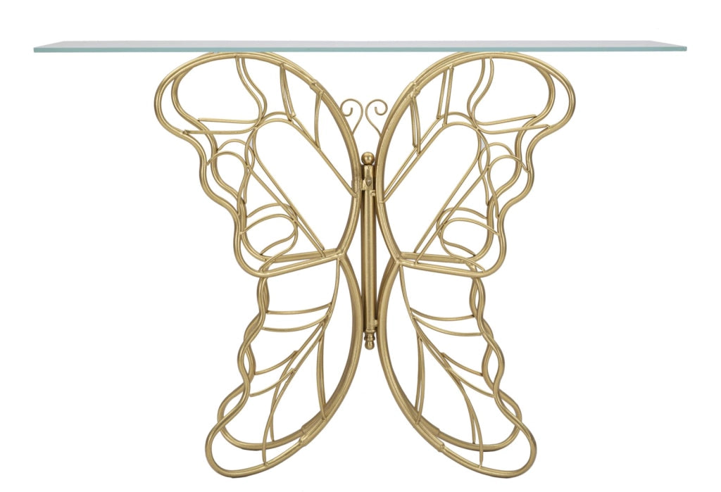 Console Butterfly 110x40x76 cm in Ferro e Vetro Oro