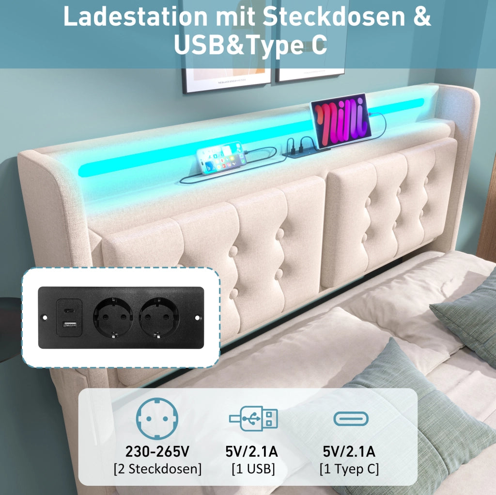 Letto matrimoniale 140x200 beige con materasso, LED, USB e cassetti