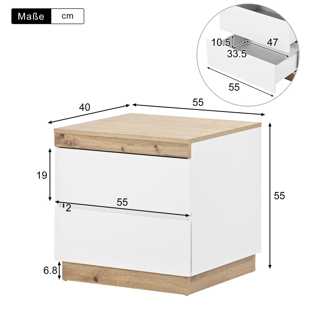Comodino classico bianco e rovere con 2 cassetti