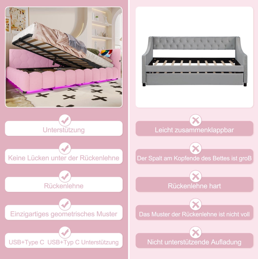 Letto daybed 140x200 cm con contenitore, LED, USB e Type-C, rosa