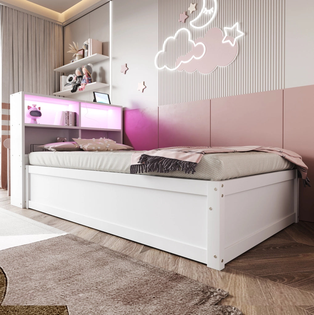 Letto singolo multifunzione 90x200 cm con LED e vani, bianco