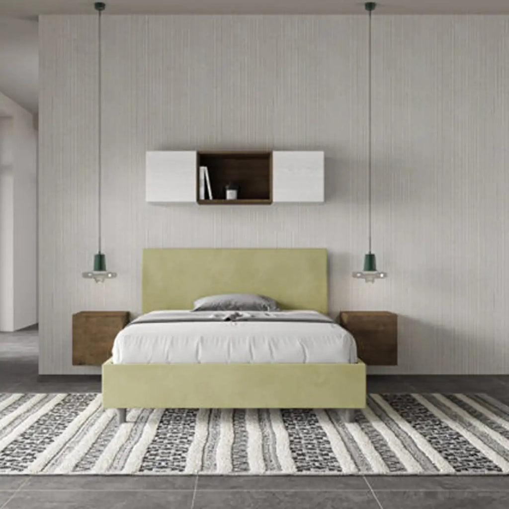 Letto matrimoniale francese senza rete imbottito 140x200 microfibra tè verde Adele