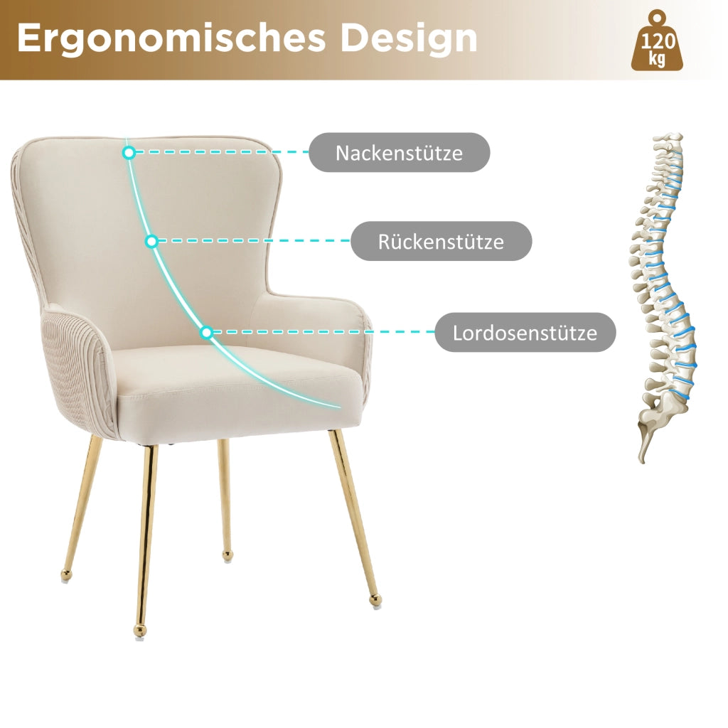 Set di 4 sedie da pranzo - con braccioli e supporto lombare - in velluto - beige e oro