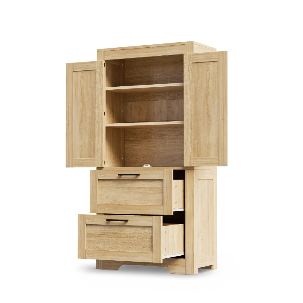 Mobile cucina stile country in legno naturale con 2 cassetti e ripiani regolabili, armadio laterale con anta a doghe, 60x30x128 cm