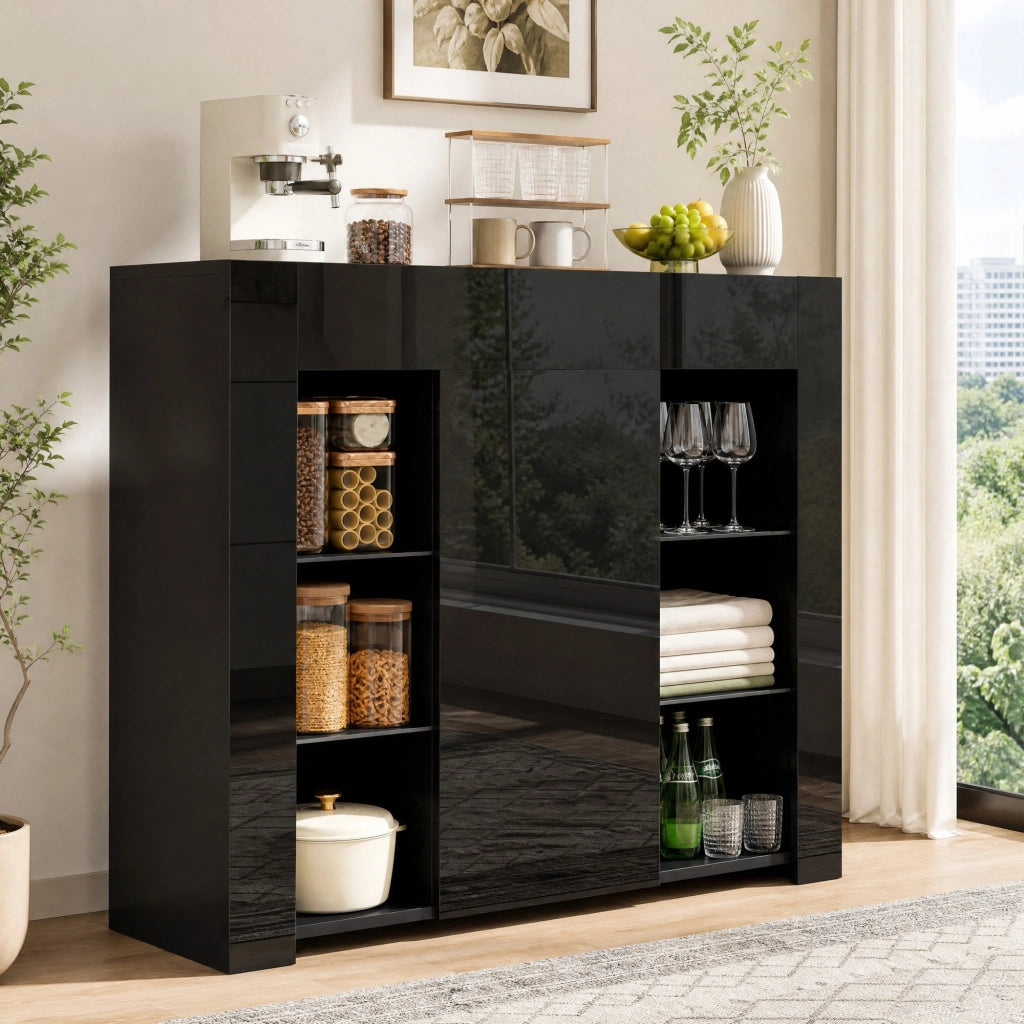 Credenza moderna nera con frontale lucido e ripiani in vetro; 95x35x83 cm