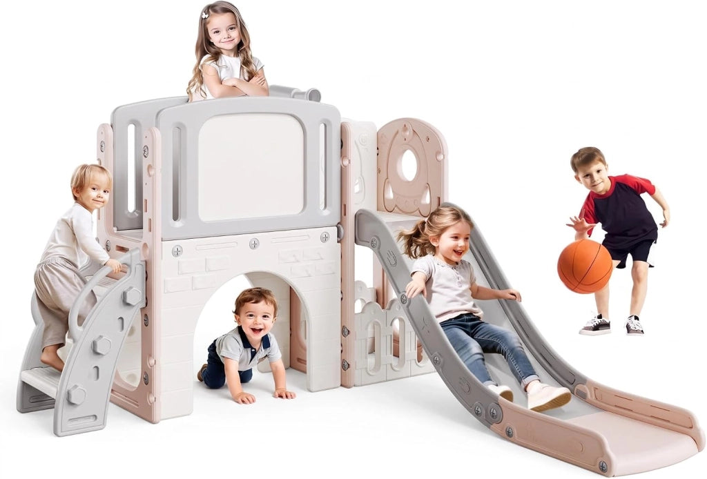 Scivolo per bambini da interno ed esterno; 141 x 99 x 149 cm; rosa