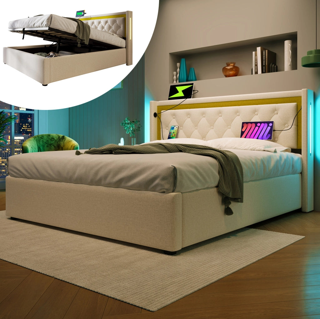 Letto matrimoniale imbottito 140x200 cm con LED, USB e Type-C, contenitore, beige chiaro