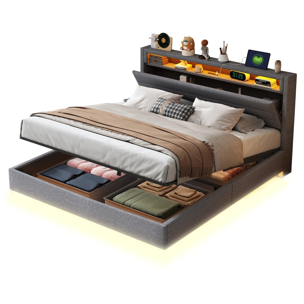 Letto imbottito 160x200 cm con contenitore, USB e LED