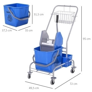 Carrello pulizie professionale con secchio da 25 L, strizzatore e 4 ruote, blu