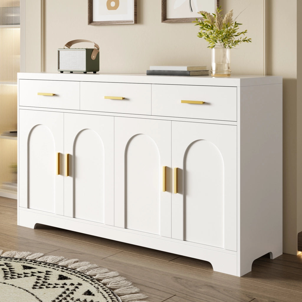 Credenza con cassetti, ripiani regolabili, piano elevabile in MDF bianco