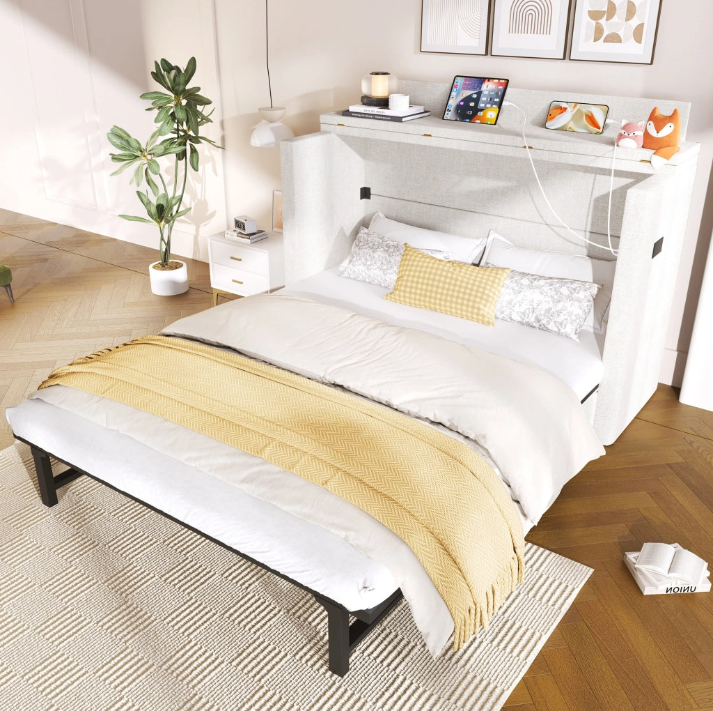 Letto a scomparsa mobile 140x200 cm beige con USB e cassetto