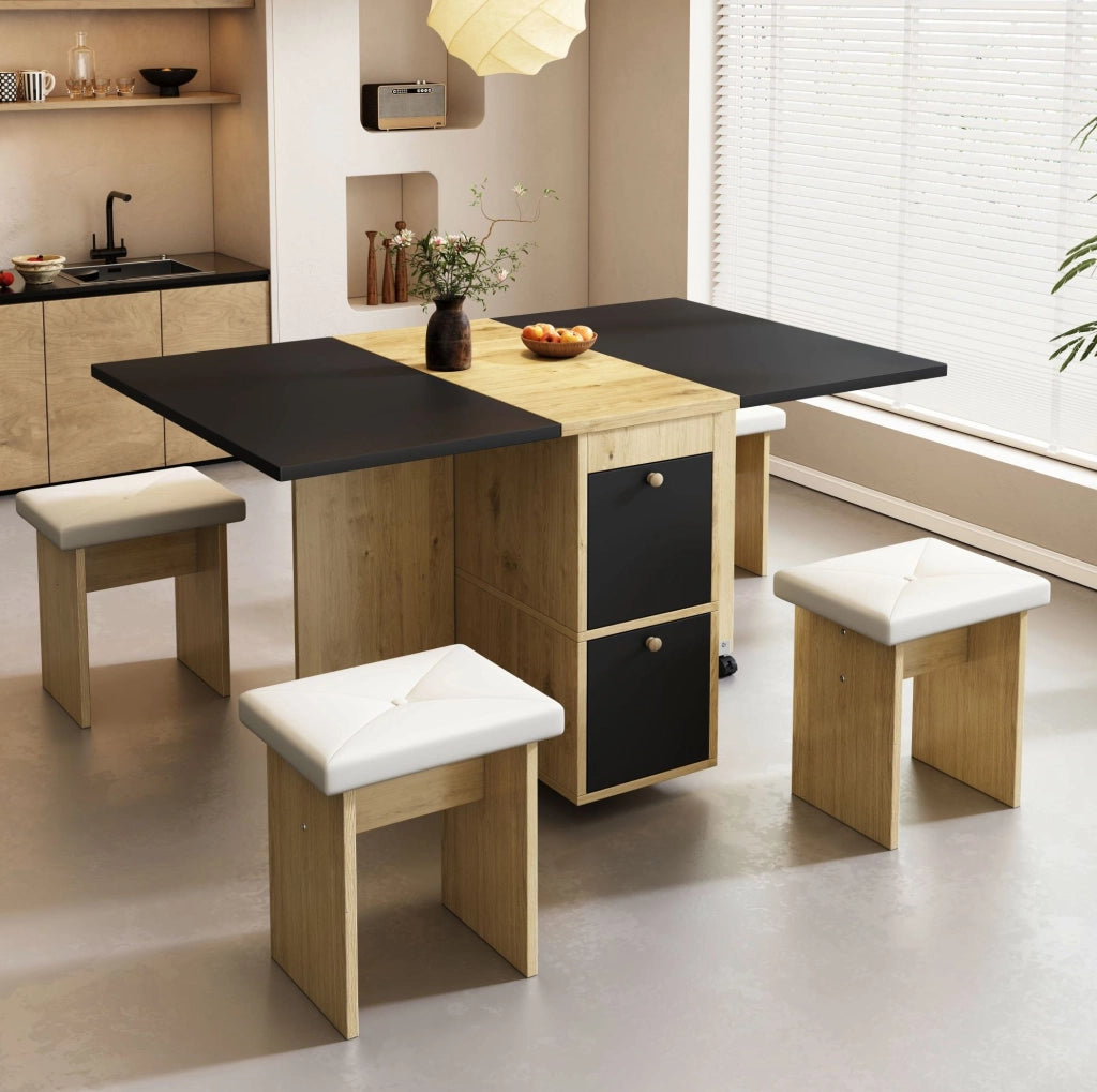Set tavolo da pranzo pieghevole e rientrante con 4 sedie; bianco e nero