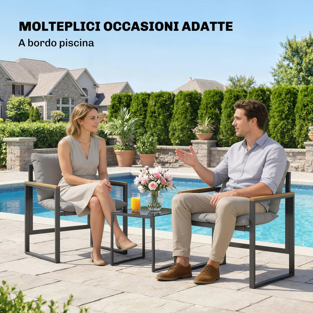 Set Tavolo e Sedie da Esterno per 3 Persone in Metallo con Cuscini Spessi, Multicolore