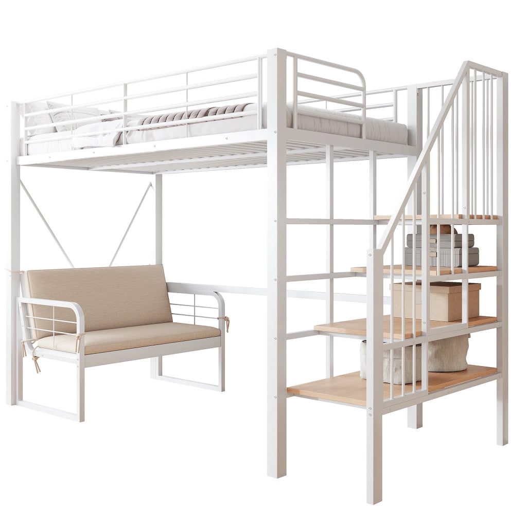 Letto a castello 90x200 cm con scala contenitore e divano removibile in metallo