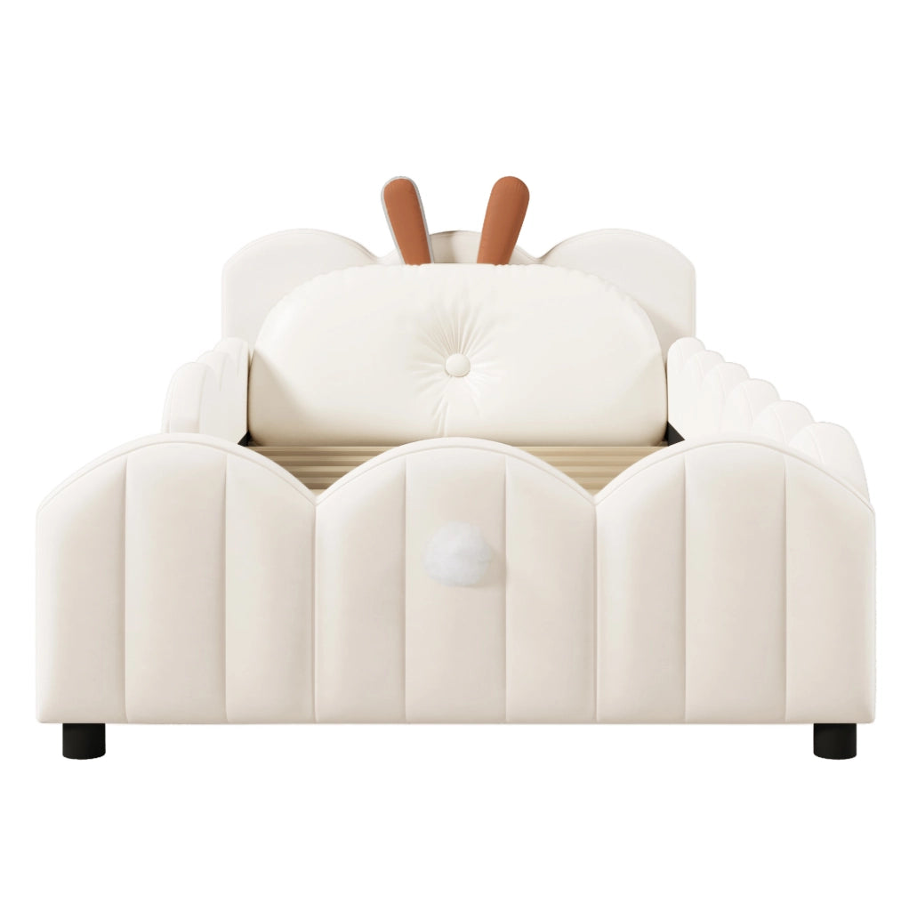 Letto a piattaforma imbottito 90x200 cm con cuscino a forma di coniglio; beige