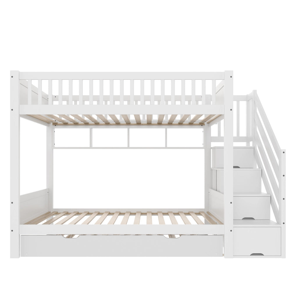 Letto a castello per bambini con letto estraibile, armadio, ripiani e scaletta contenitore, 90x200 cm, bianco