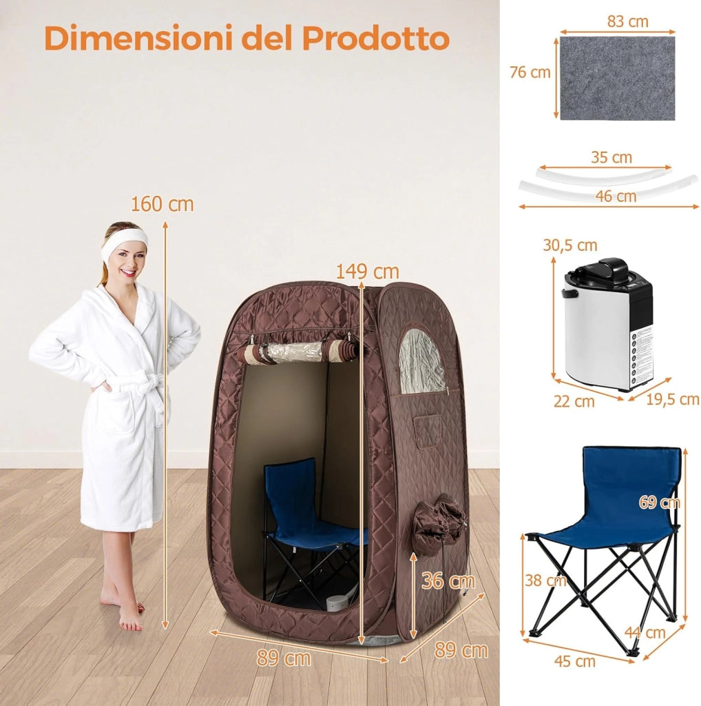 Sauna a Vapore Portatile 3L, Sauna da Casa con 9 Livelli di Regolazione della Temperatura da 40-65℃, Telecomando, Sedia Pieghevole e Massaggiatore per Piedi in Legno (caffè)
