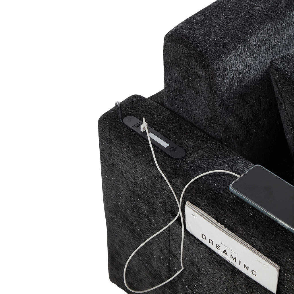 Divano letto pieghevole 2 posti 2 in 1 in ciniglia nero e grigio con USB