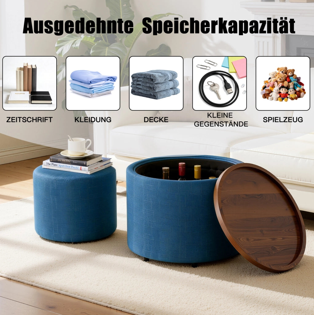 POUF Set da 2 pezzi 58 cm Blu in lino con vassoio in legno
