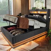 Letto singolo imbottito 90x200 cm con contenitore, USB Type-C, LED e materasso, grigio