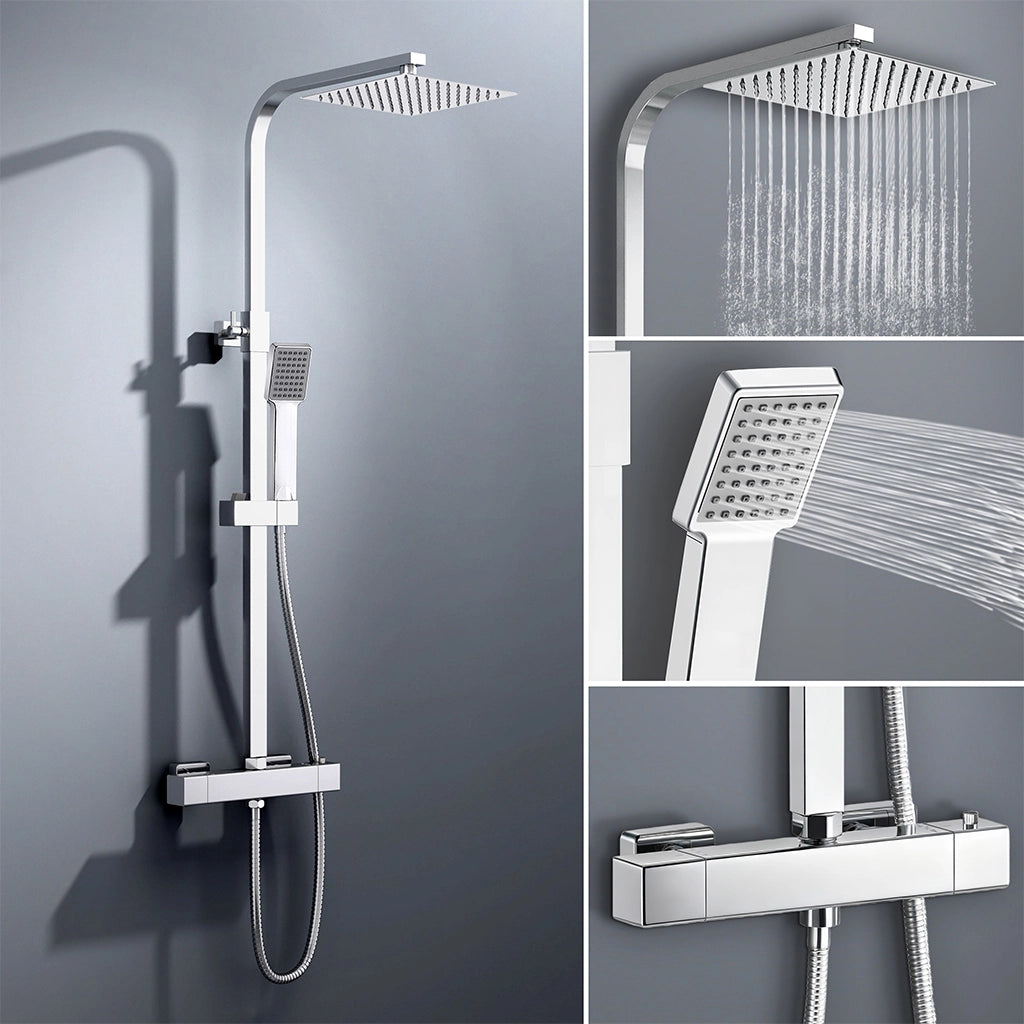 colonna doccia quadrata completo di miscelatore termostatico rettangolo, soffione quadrato 20x20cm, cromo