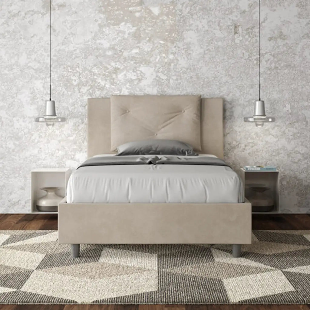 Letto una piazza e mezza contenitore imbottito 120x200 microfibra sabbia Appia